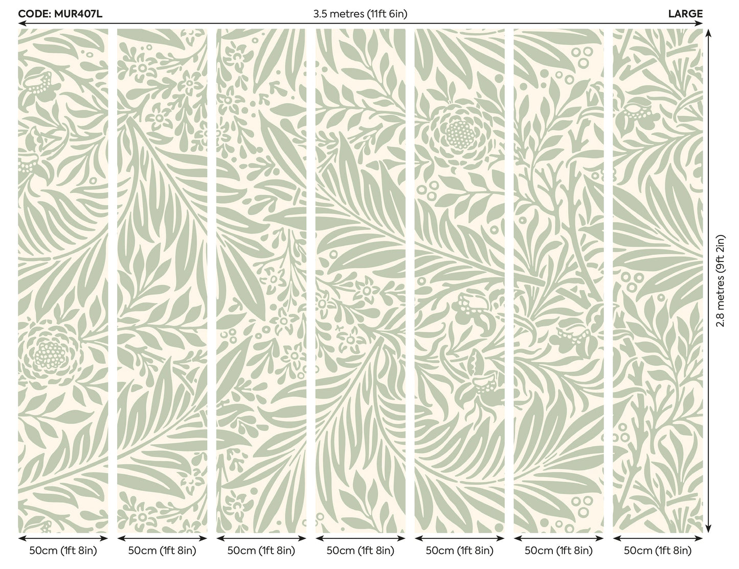 Origin Murals Trailing Ferns Sage Green 350cm X 280cm
