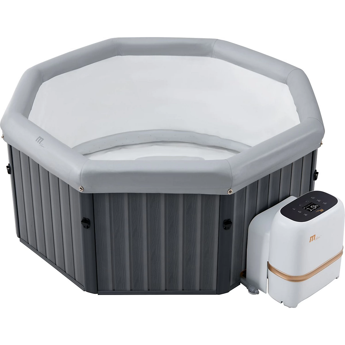 Octagonal gray portable hard frame hot tub with white interior and attached white control unit on right side. - Home Interior Shop - MSpa Tuscany 4-6 Person Portable Hard Frame Hot Tub
