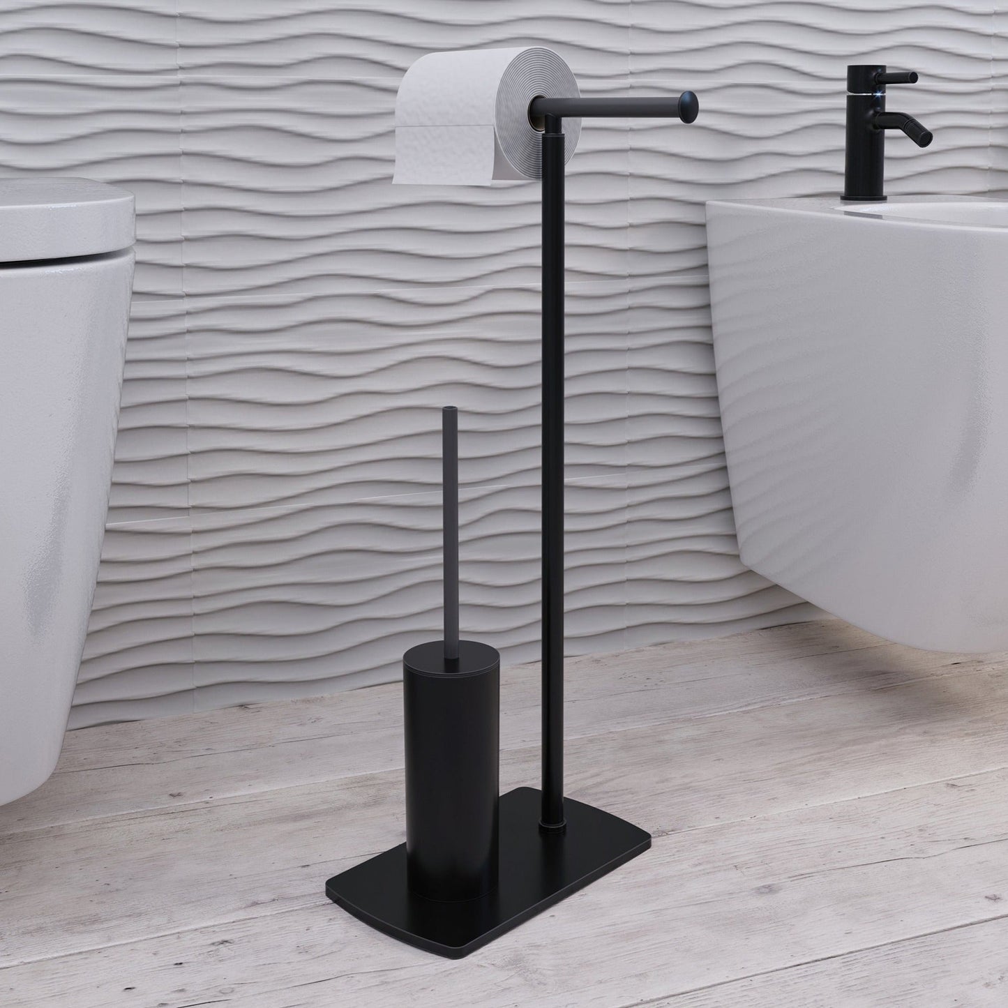 Origins Living Gedy Florida Bathroom Butler With Double Swivel Toilet Roll Holder & Brush Set Matt Black