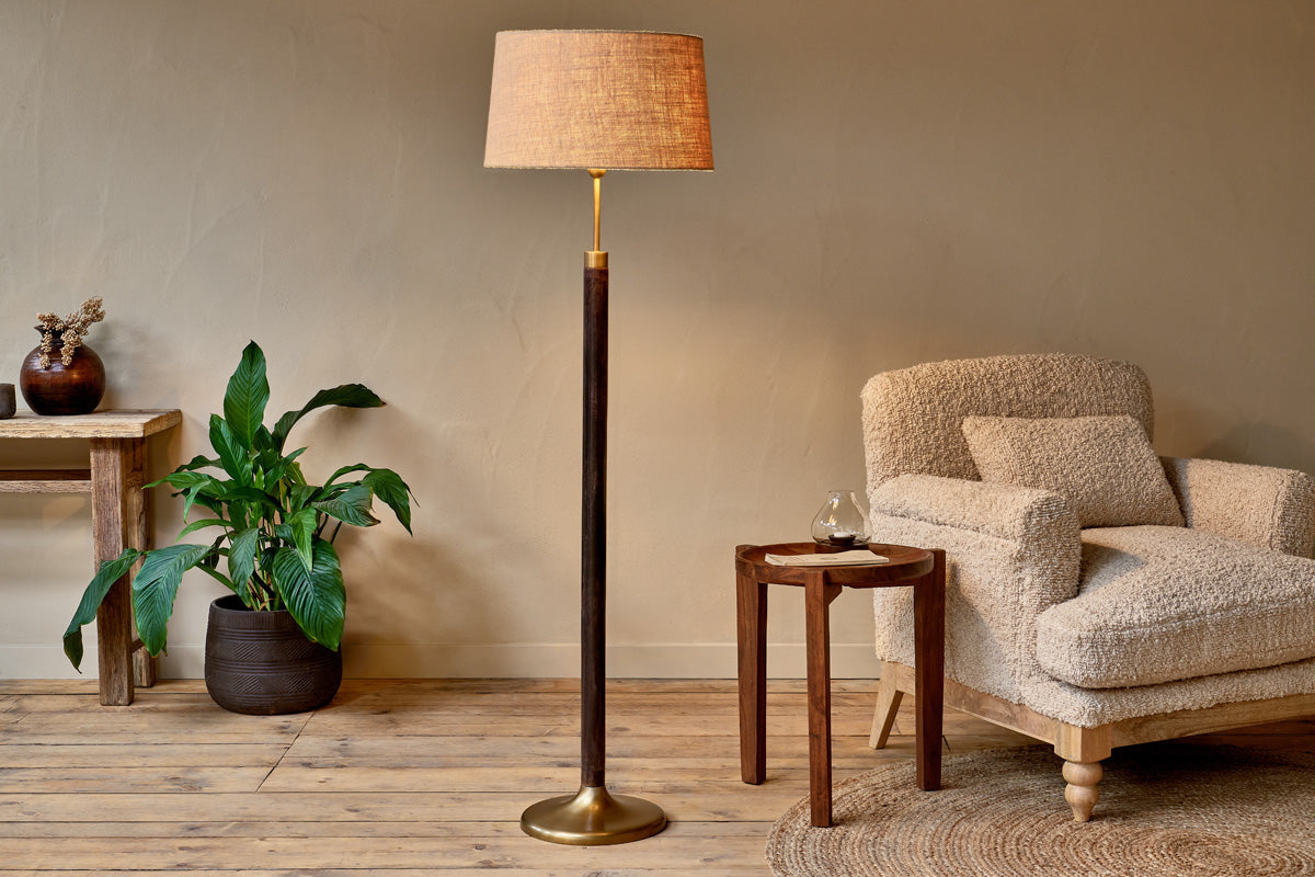 Nkuku Digha Wood & Metal Floor Lamp Dark Stain & Antique Brass