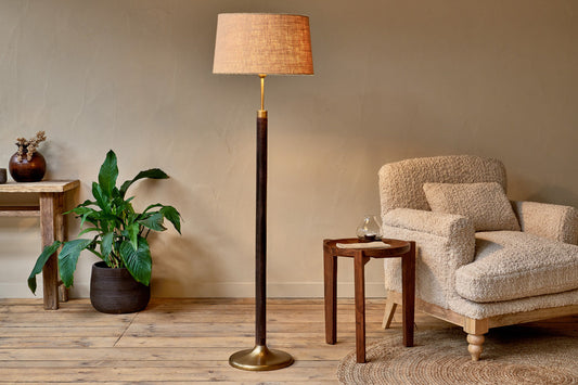 Nkuku Digha Wood & Metal Floor Lamp Dark Stain & Antique Brass