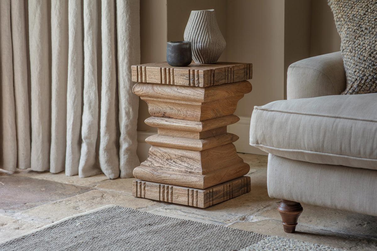 Nkuku Disha Carved Mango Wood Side Table Natural