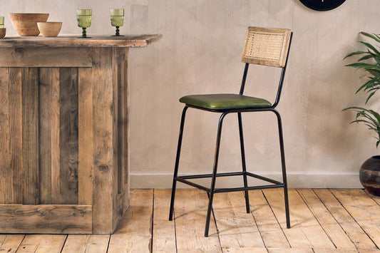 Nkuku Iswa Leather & Cane Counter Chair Rich Green