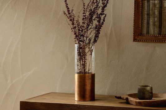 Nkuku Khila Metal & Glass Vase Clear & Antique Brass