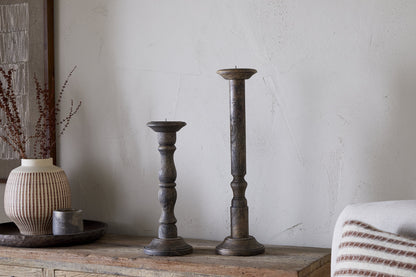 Nkuku Nayati Rustic Wood Pillar Candle Stick Dark Stain
