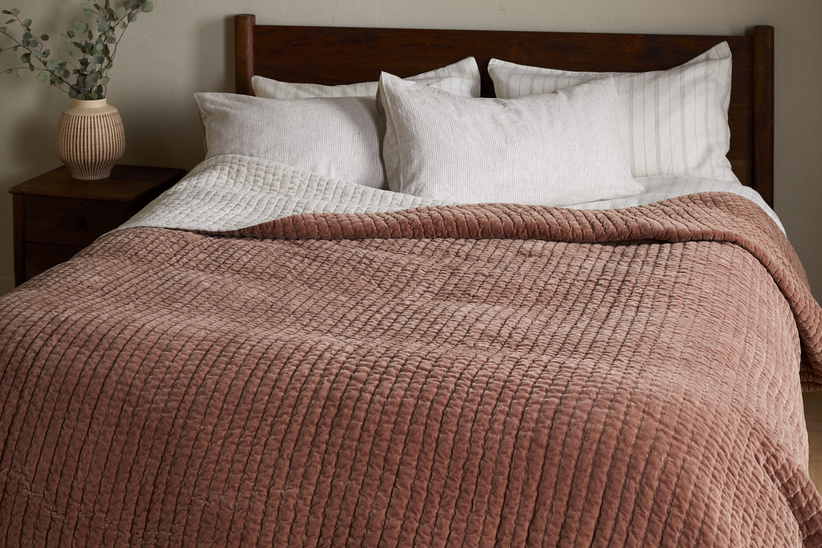Nkuku Nidra Velvet & Linen Bed Quilt Rust