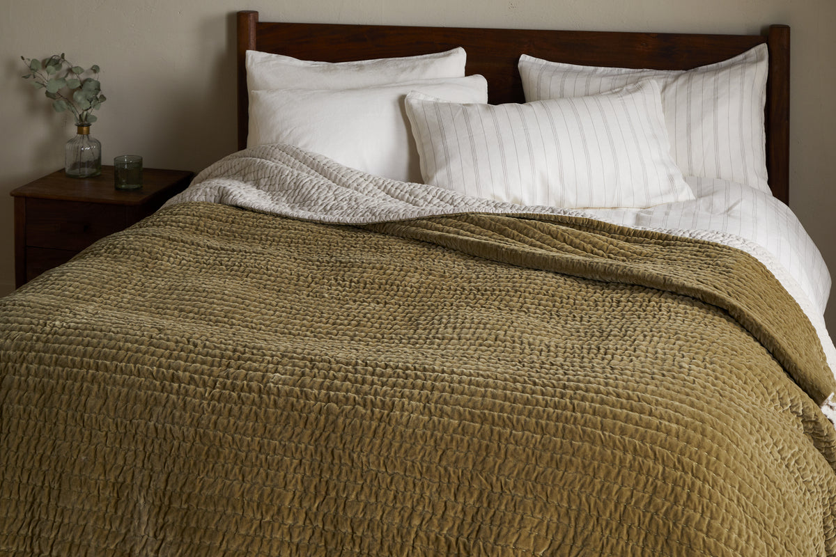 Nkuku Nidra Velvet & Linen Bed Quilt Moss