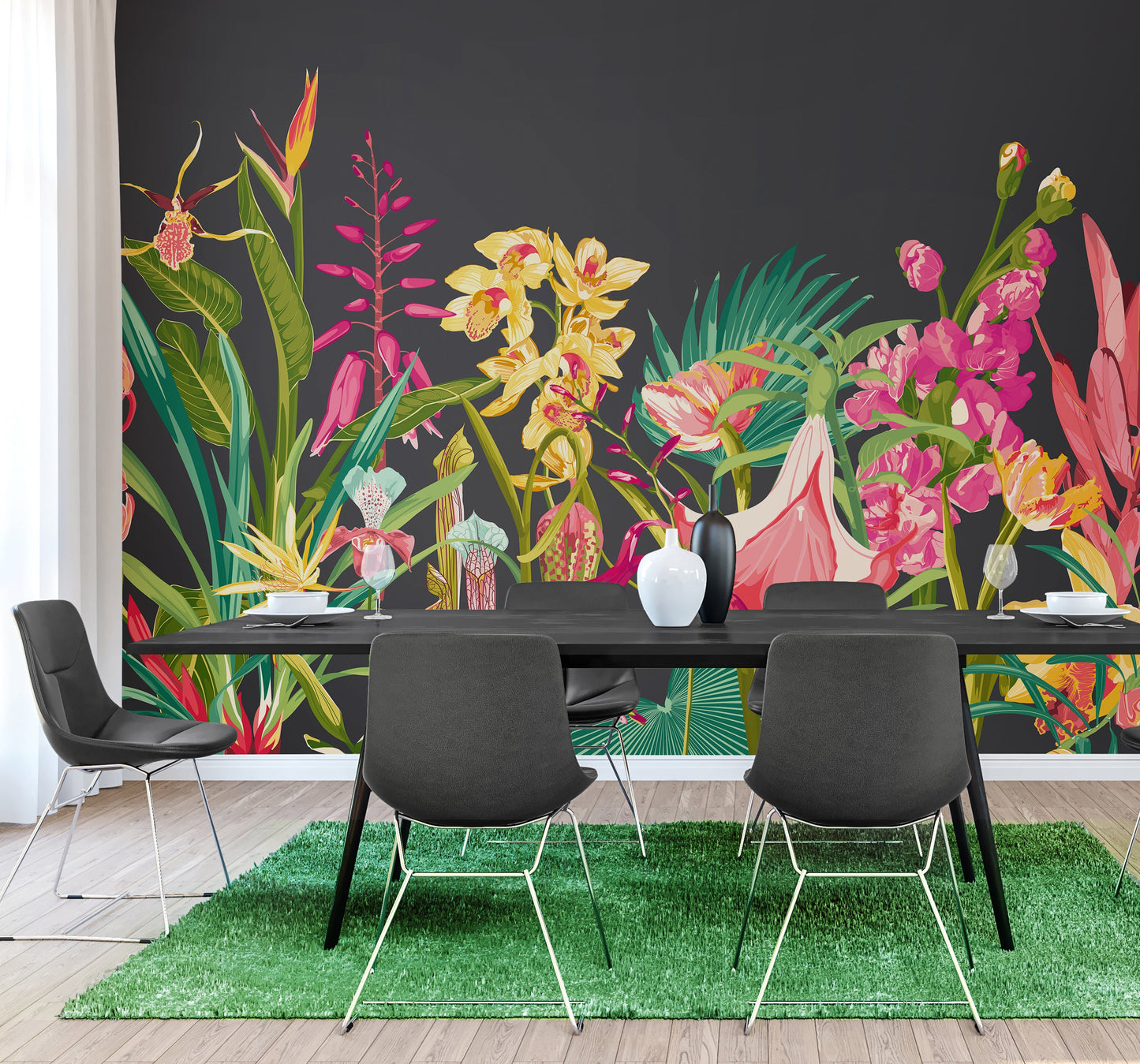 Origin Murals Tropical Foliage Charcoal Ruby 350cm X 280cm