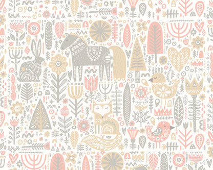 Origin Murals Scandi Forest Animals Blush Pink Grey 350cm X 280cm