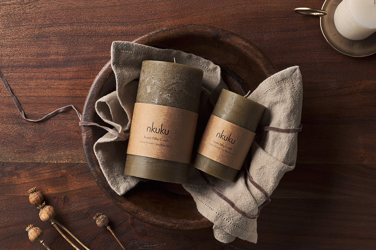 Nkuku Rustic Soy Blend Pillar Candle Olive Green Small