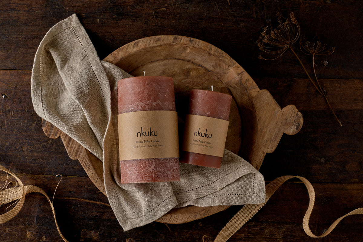 Nkuku Rustic Soy Blend Pillar Candle Rust Small