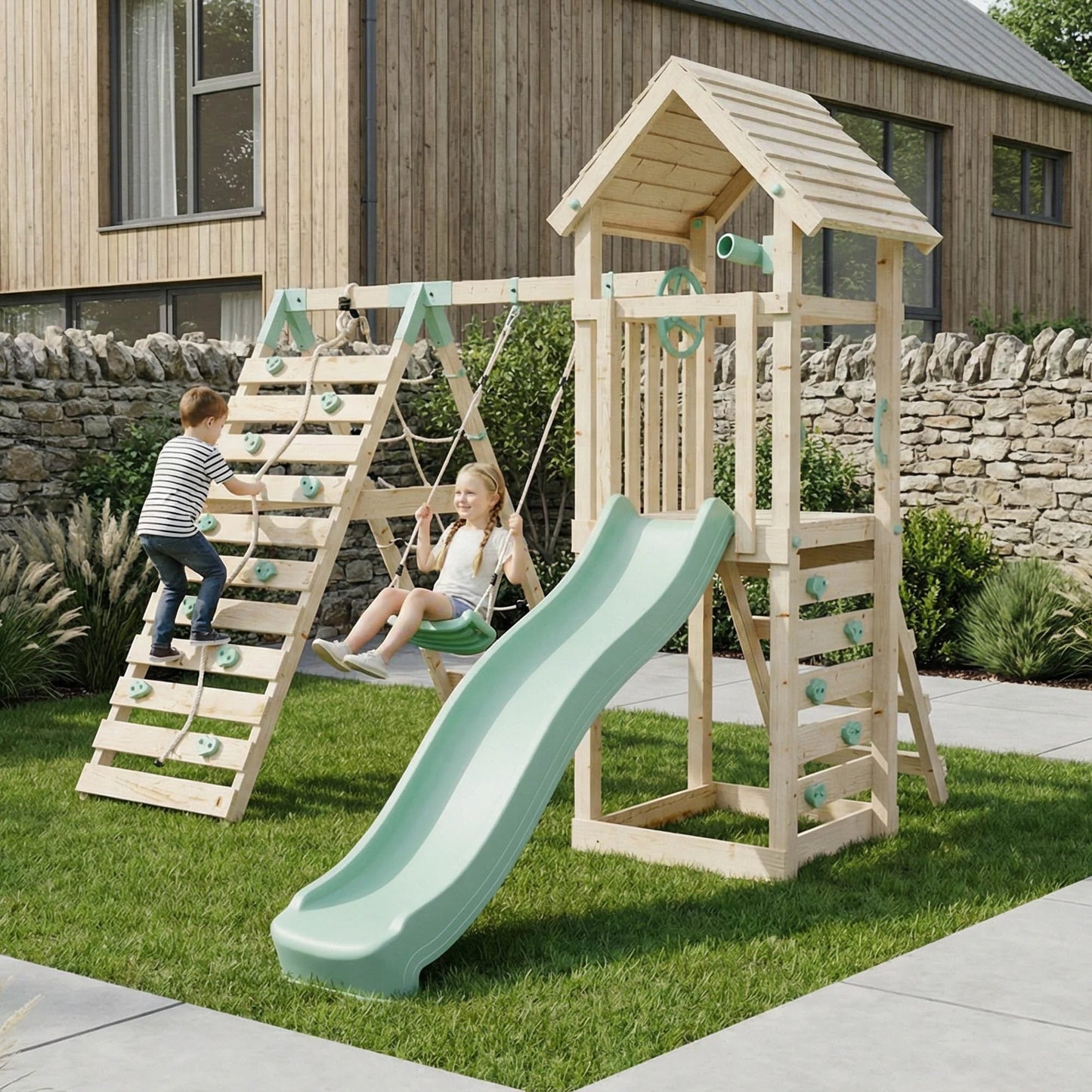 Climbing Frame With Single Swing& Climbing Wall - Bramblewick Forest V
