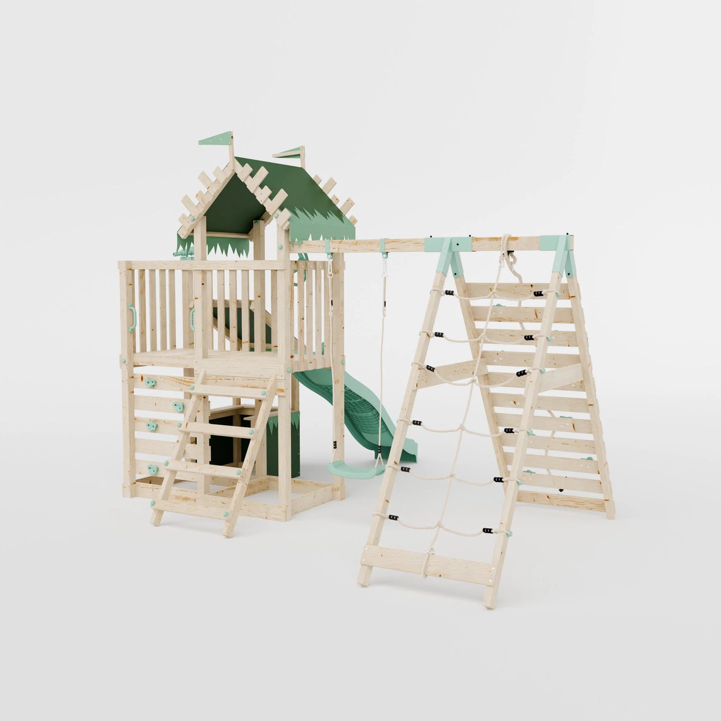 Extended Climbing Frame With Single Swing & Climbing Wall With Shop - Enchanted Grove VII