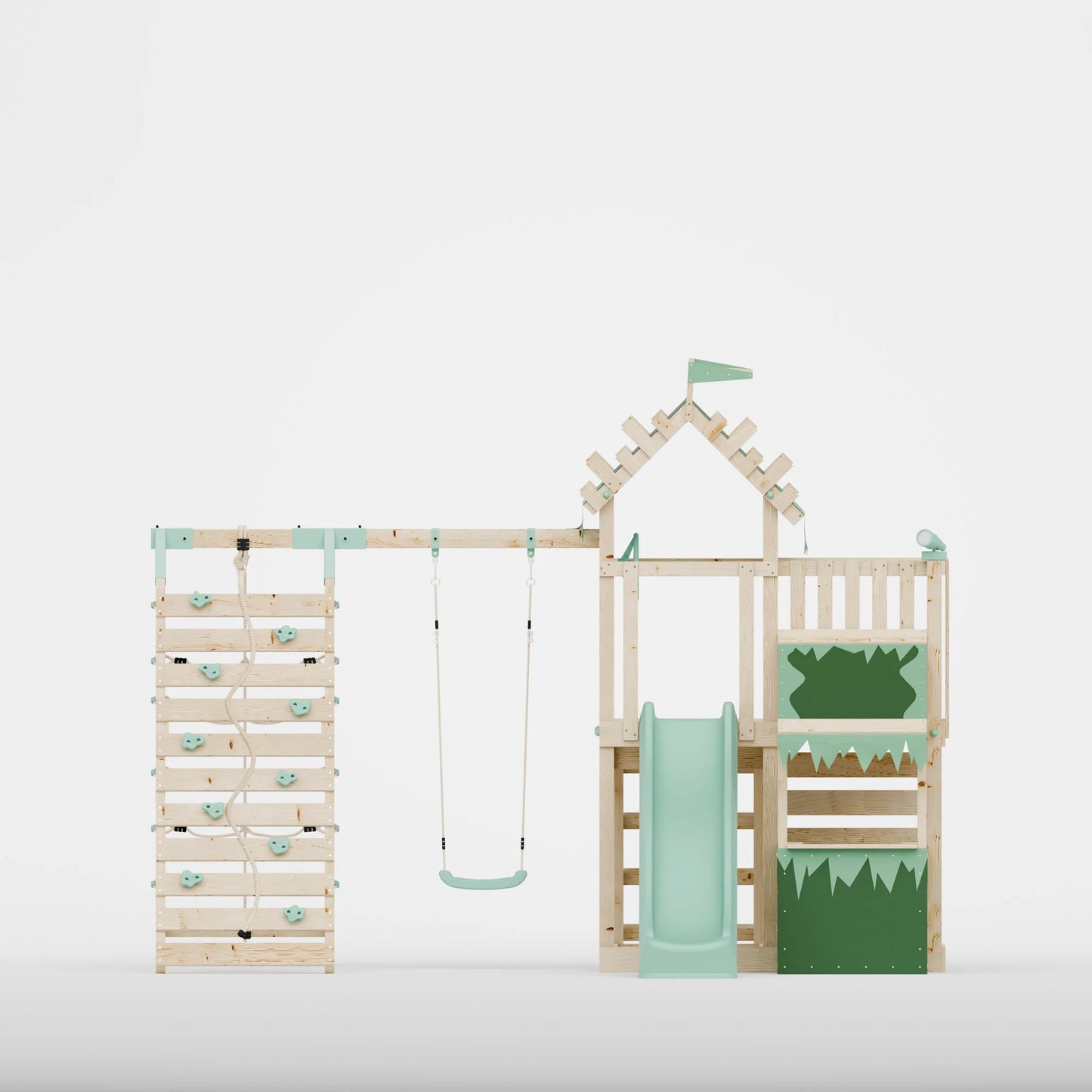 Extended Climbing Frame With Single Swing & Climbing Wall With Shop - Enchanted Grove VII