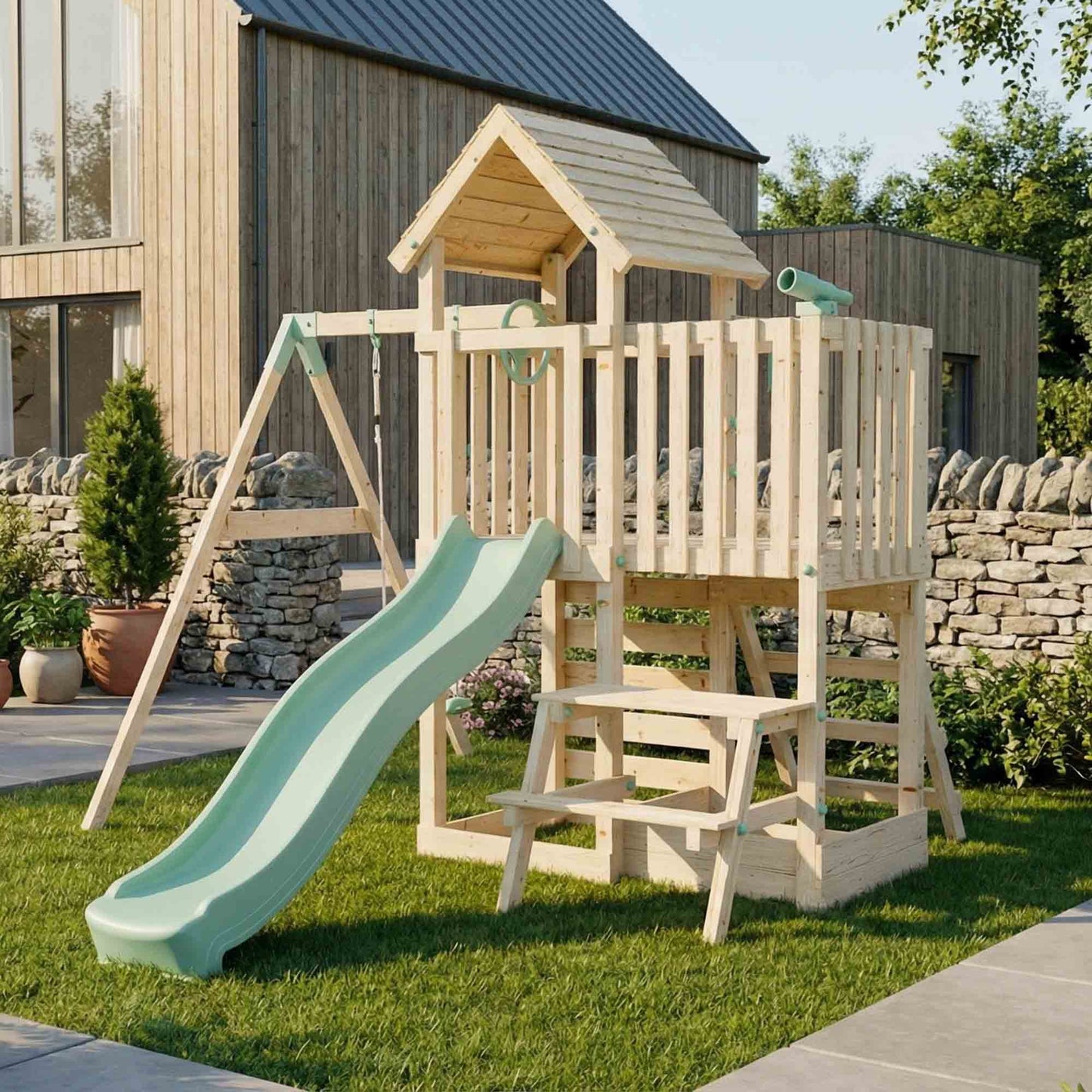 Climbing Frame With Extension, Single Swing, Picnic Table & Monkey Bars - Bramblewick Forest VIII