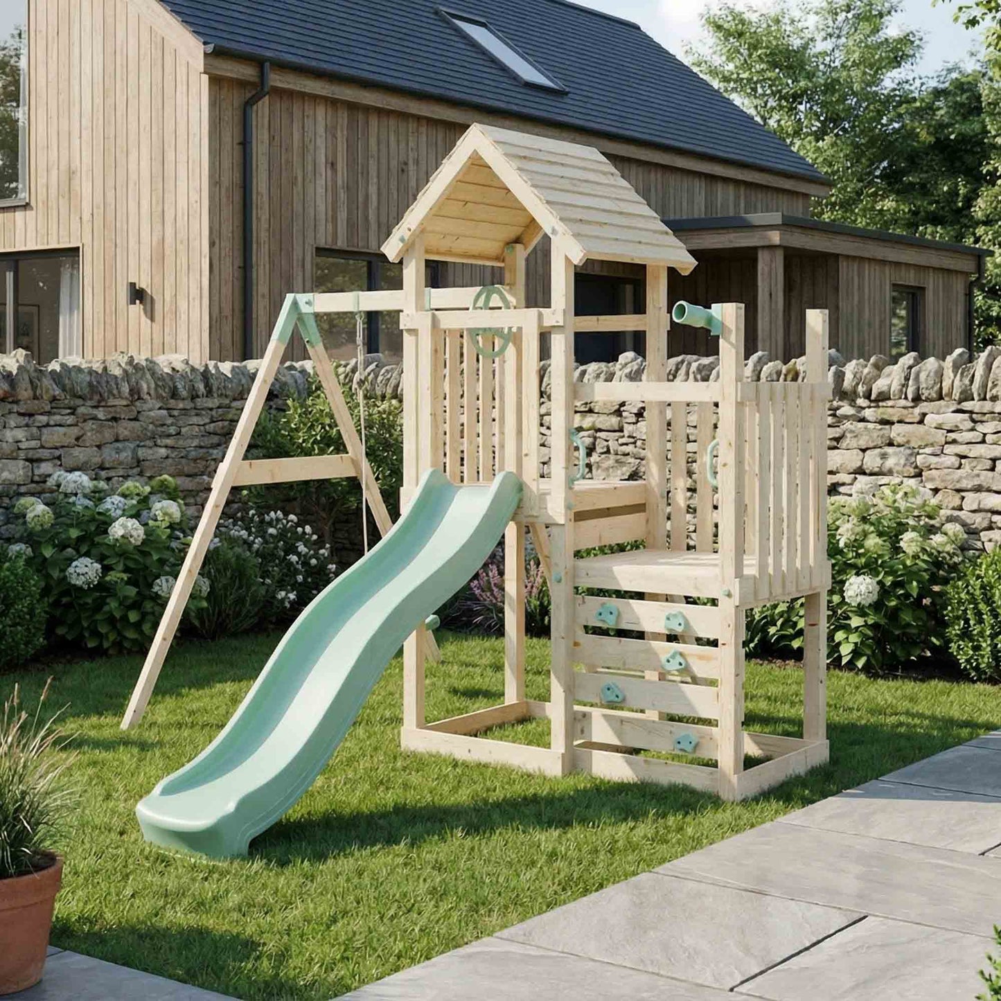 Climbing Frame With Step Up & Single Swing - Bramblewick Forest IV