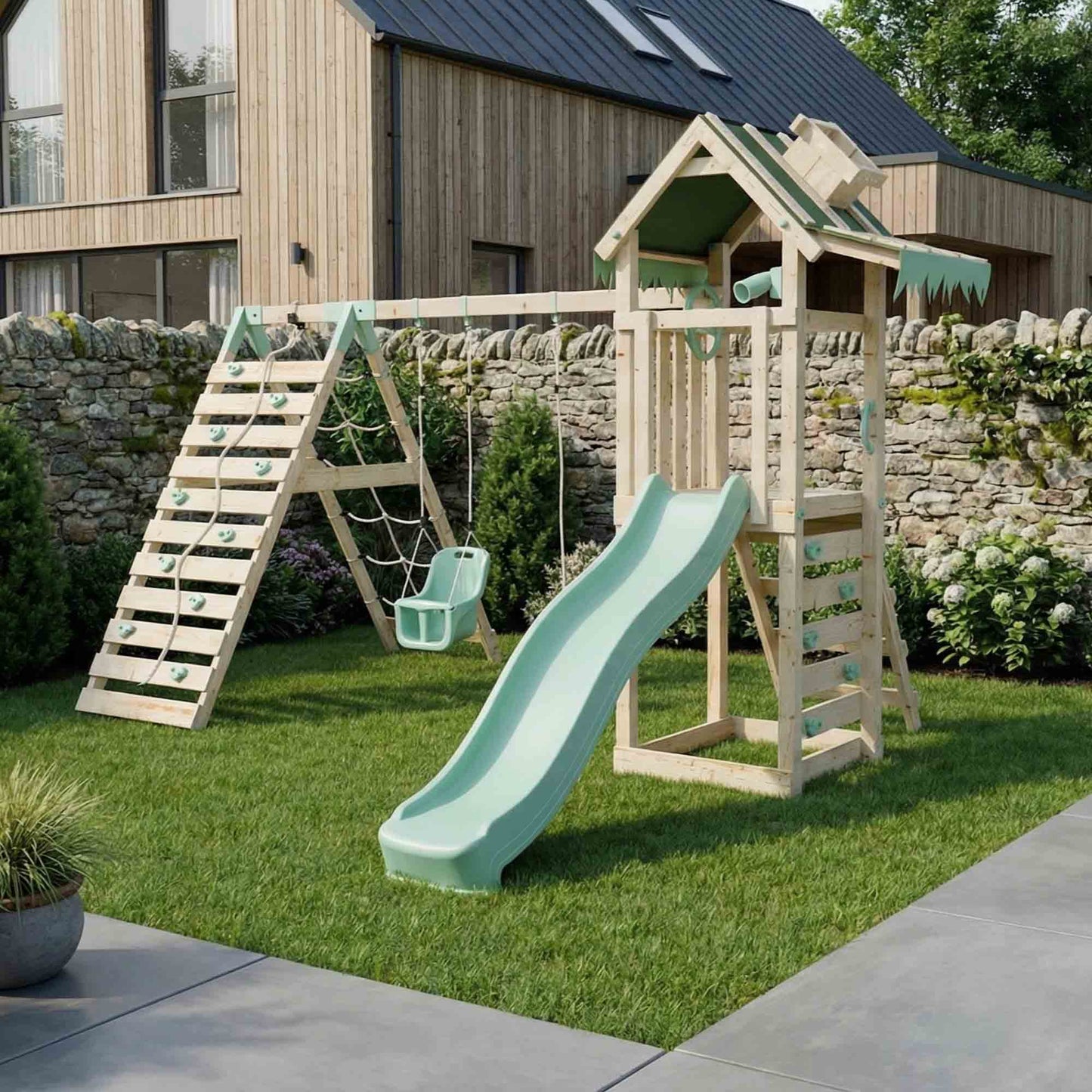 Climbing Frame With Double Swing & Climbing Wall - Eldertree Forest VI