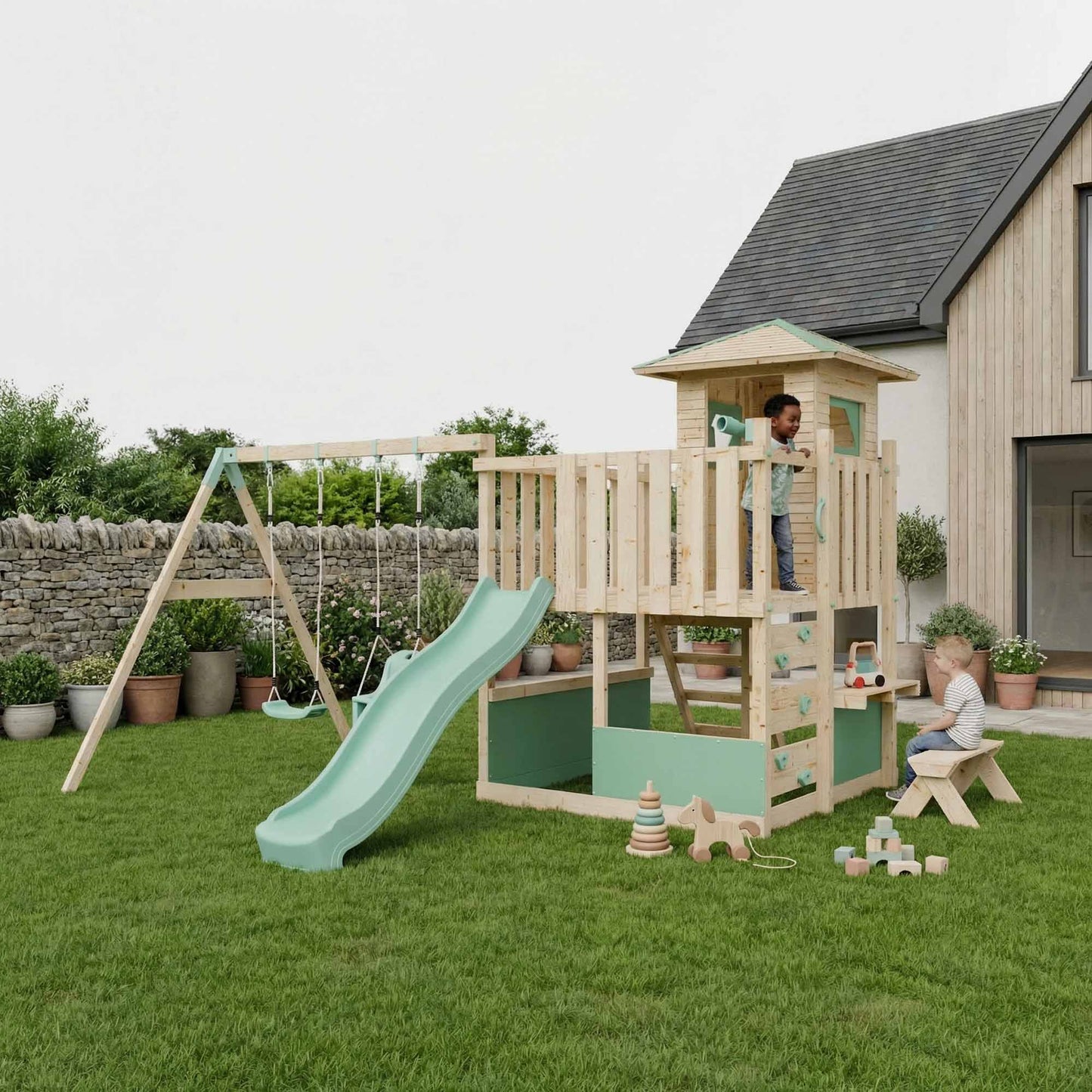 LittleSummit Small Tower Playhouse with Double Swing
