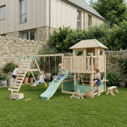 LittleSummit Large Tower Playhouse with Double Swing & Climbing Wall