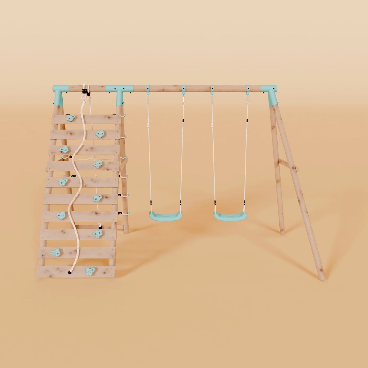 Double Wooden Swing Set With Climbing Wall - Boulder Brook I