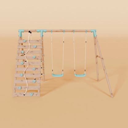 Double Wooden Swing Set With Climbing Wall - Boulder Brook I