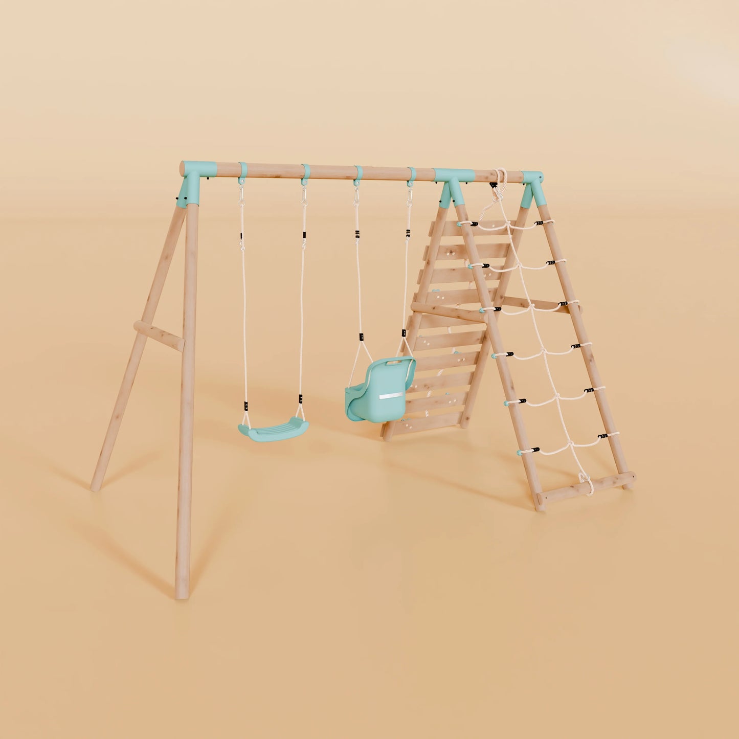 Double Wooden Swing Set With Baby Swing and Climbing Wall - Boulder Brook II