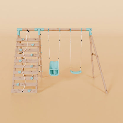 Double Wooden Swing Set With Baby Swing and Climbing Wall - Boulder Brook II