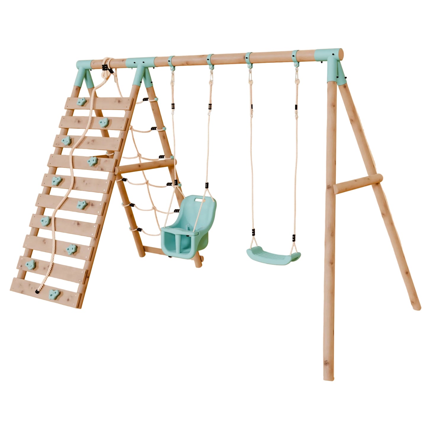 Double Wooden Swing Set With Baby Swing and Climbing Wall - Boulder Brook II