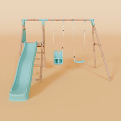 Double Wooden Swing Set with Baby Swing and Slide - Mossy Hollow II