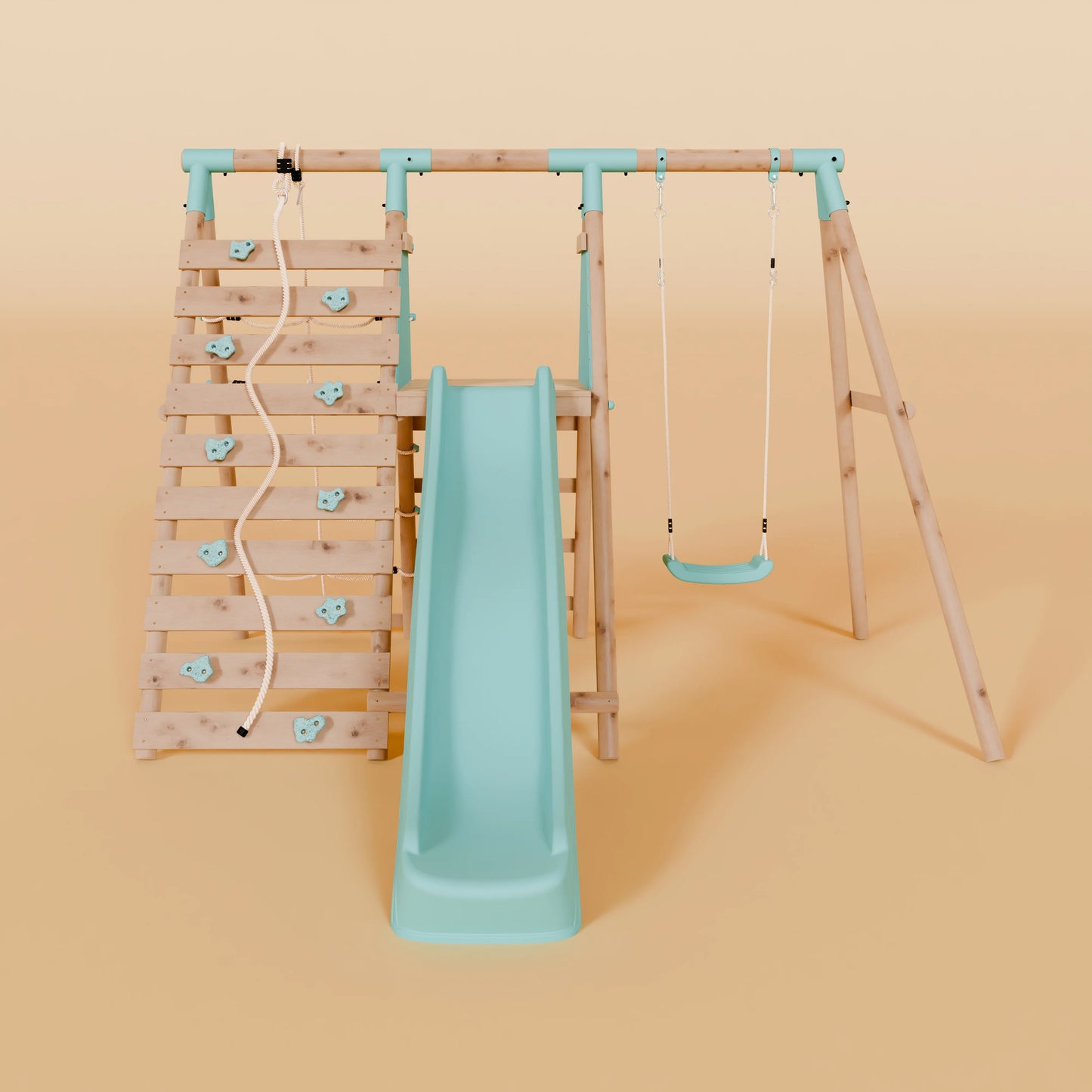 Single Wooden Swing Set with Climbing Wall and Slide - Badger Brook I