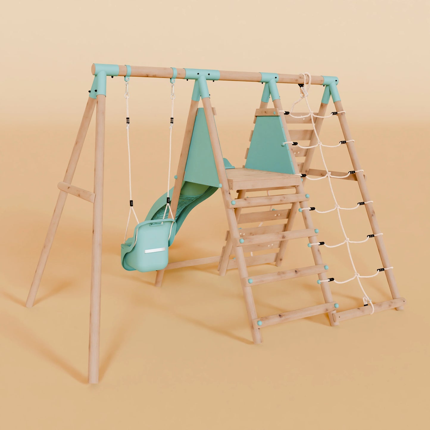 Single Wooden Baby Swing Set with Climbing Wall and Slide - Badger Brook II