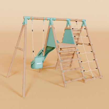 Single Wooden Baby Swing Set with Climbing Wall and Slide - Badger Brook II