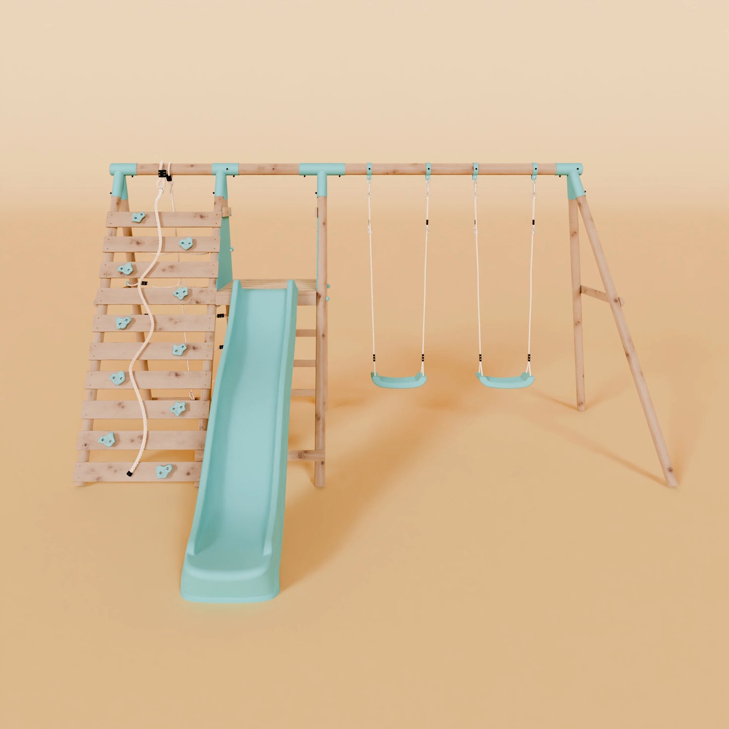 Double Wooden Swing Set with Climbing Wall and Slide - Stagwood I