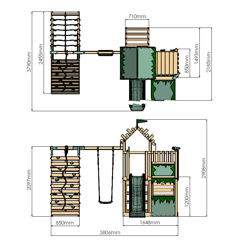 Extended Climbing Frame With Single Swing & Climbing Wall With Shop - Enchanted Grove VII