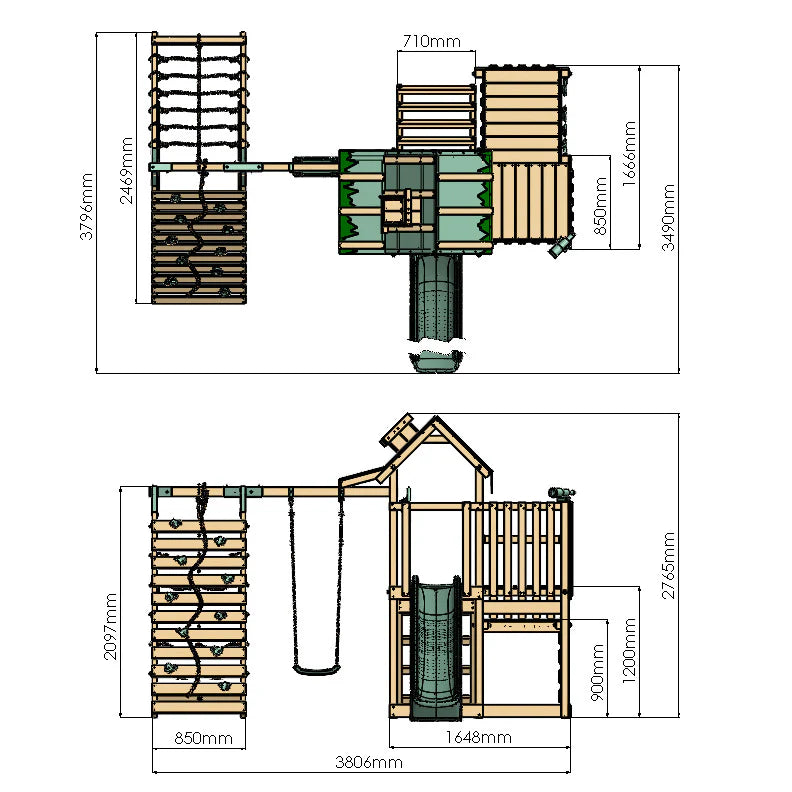 Extended Climbing Frame With Step Up, Single Swing & Climbing Wall - Enchanted Grove VIII