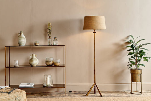 Nkuku Sahhil Metal Tripod Floor Lamp Antique Brass