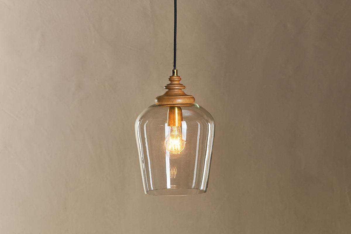 Nkuku Varuna Mango Wood & Glass Pendant Lamp Natural & Clear