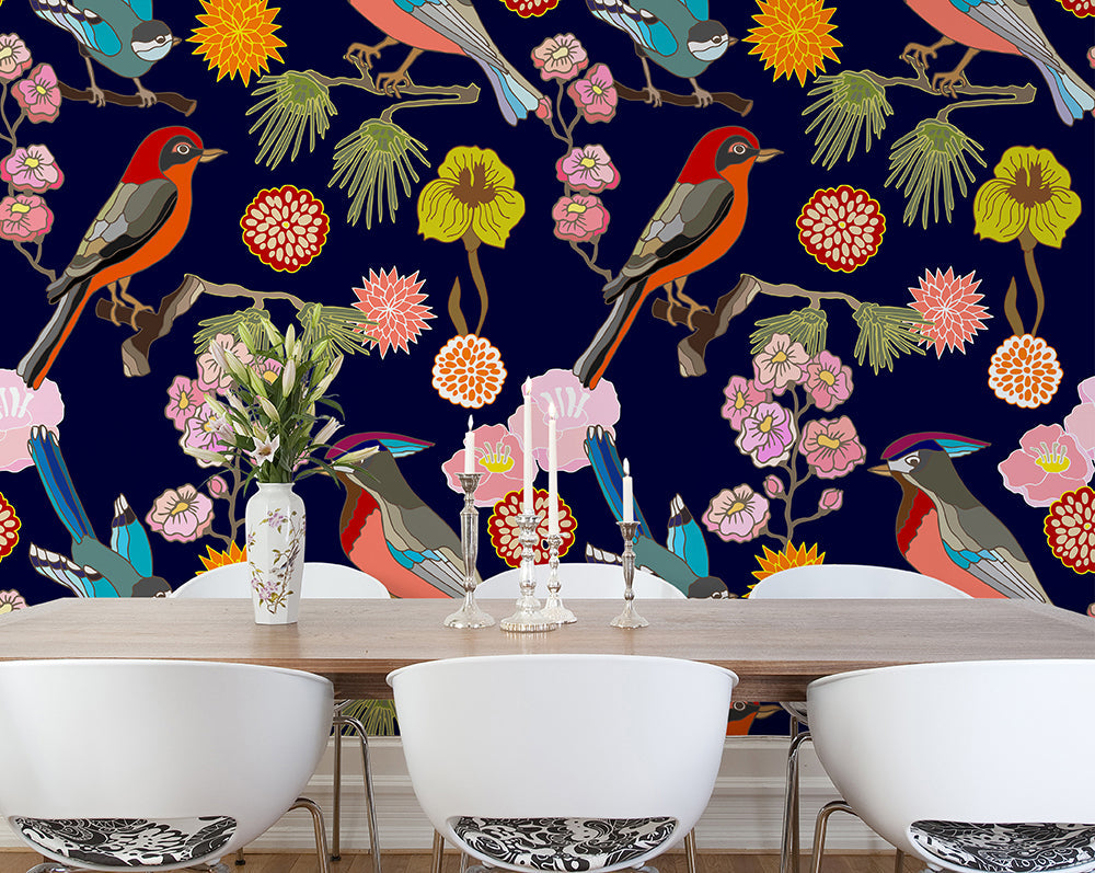 Origin Murals Floral Birds Ink 300cm X 240cm