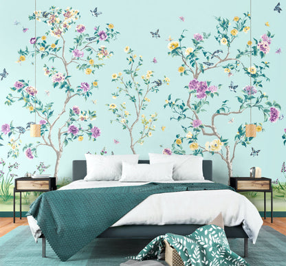 Origin Murals Oriental Flower Tree Blue 350cm X 280cm