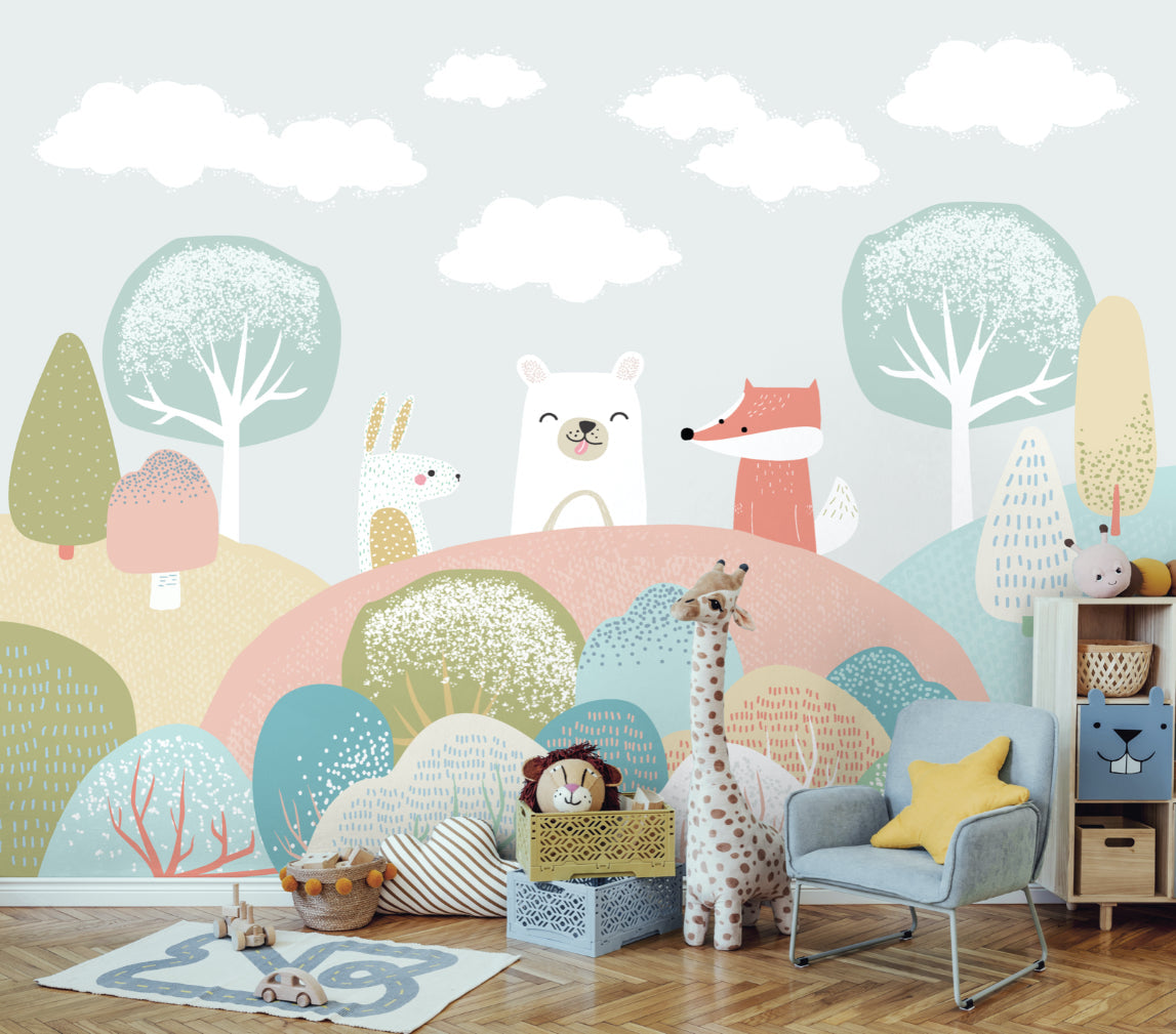Origin Murals Woodland Friends Grey 350cm X 280cm