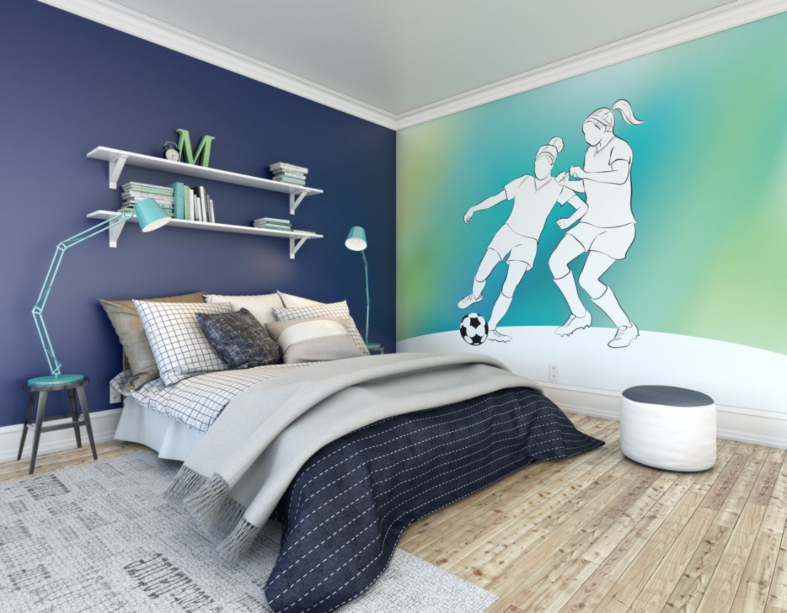 Origin Murals Girls Playing Football Green 350cm X 280cm