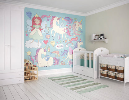 Origin Murals Princess Unicorn Blue 350cm X 280cm