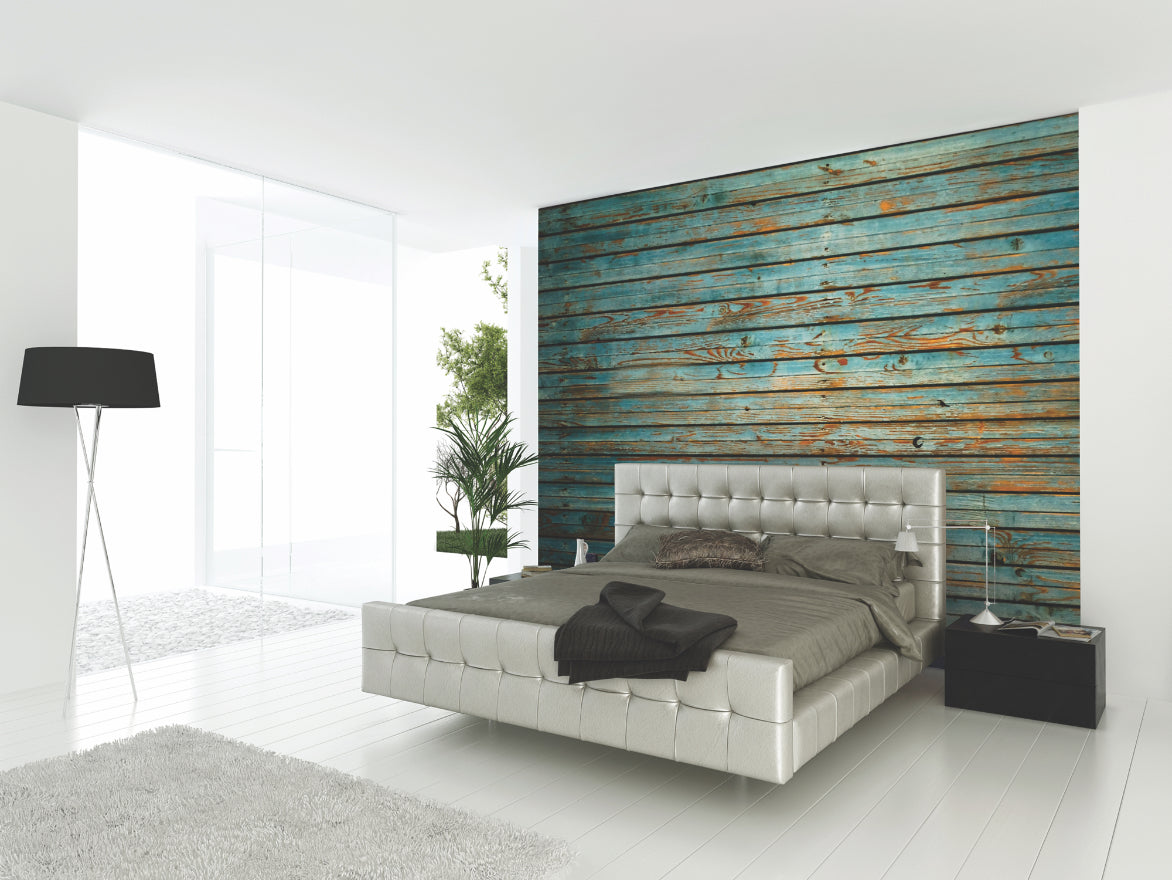 Origin Murals Rustic Wood Effect Blue 350cm X 280cm