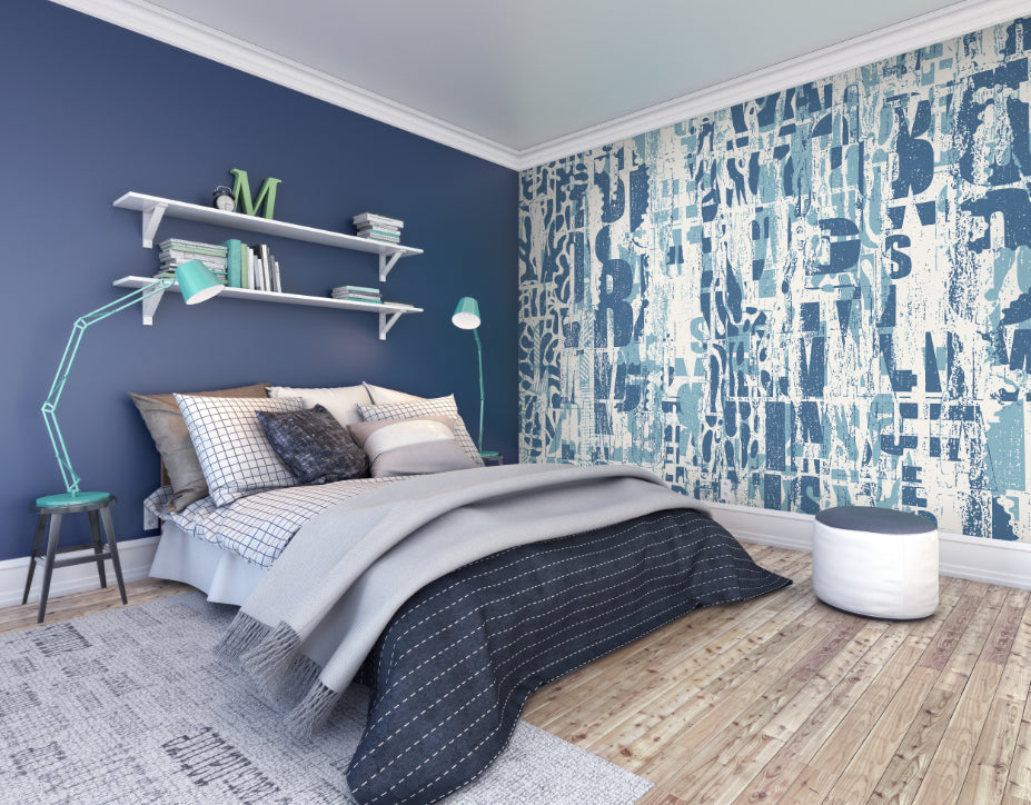 Origin Murals Letterpress Graffiti Denim Blue 300cm X 240cm