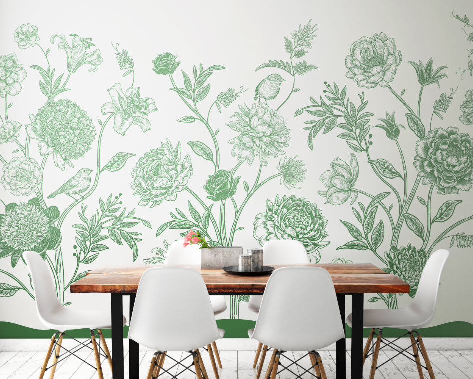 Origin Murals Jacobean Rose Trail Forest Green 350cm X 280cm