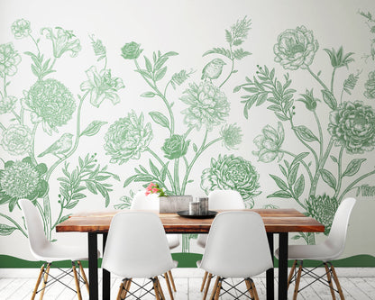 Origin Murals Jacobean Rose Trail Forest Green 350cm X 280cm