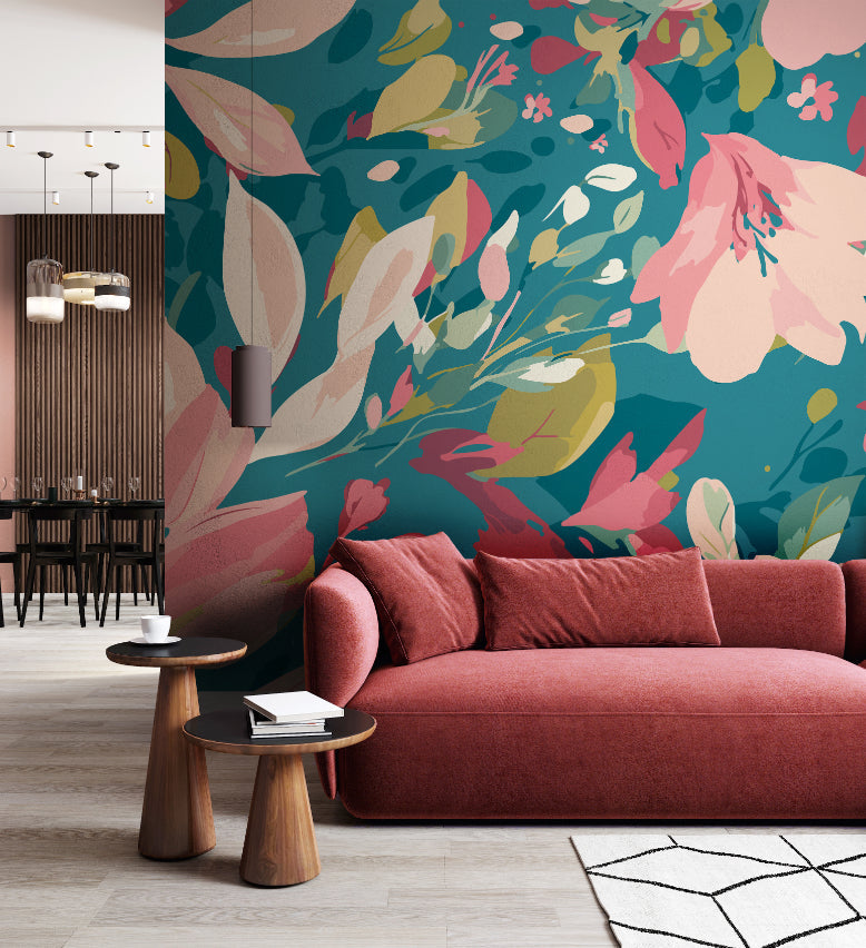 Origin Murals Flowing Flowers Teal Blue Coral 350cm X 280cm