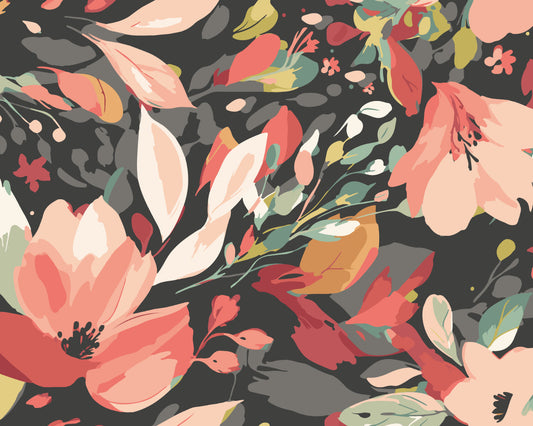 Origin Murals Flowing Flowers Charcoal Black Red 350cm X 280cm