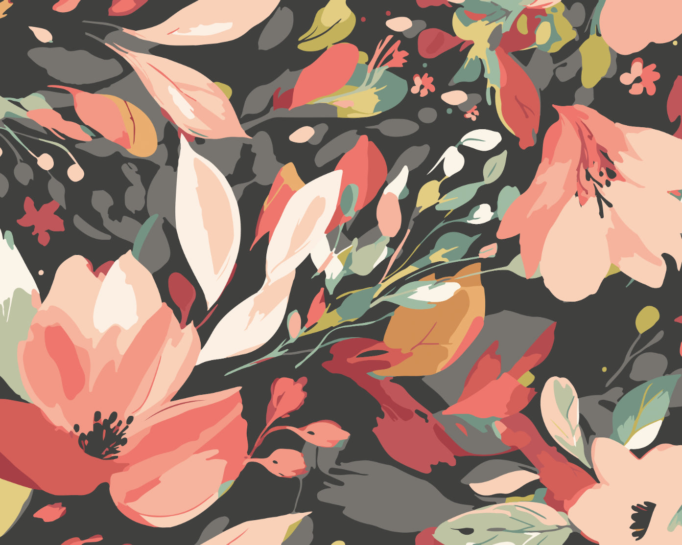 Origin Murals Flowing Flowers Charcoal Black Red 300cm X 240cm