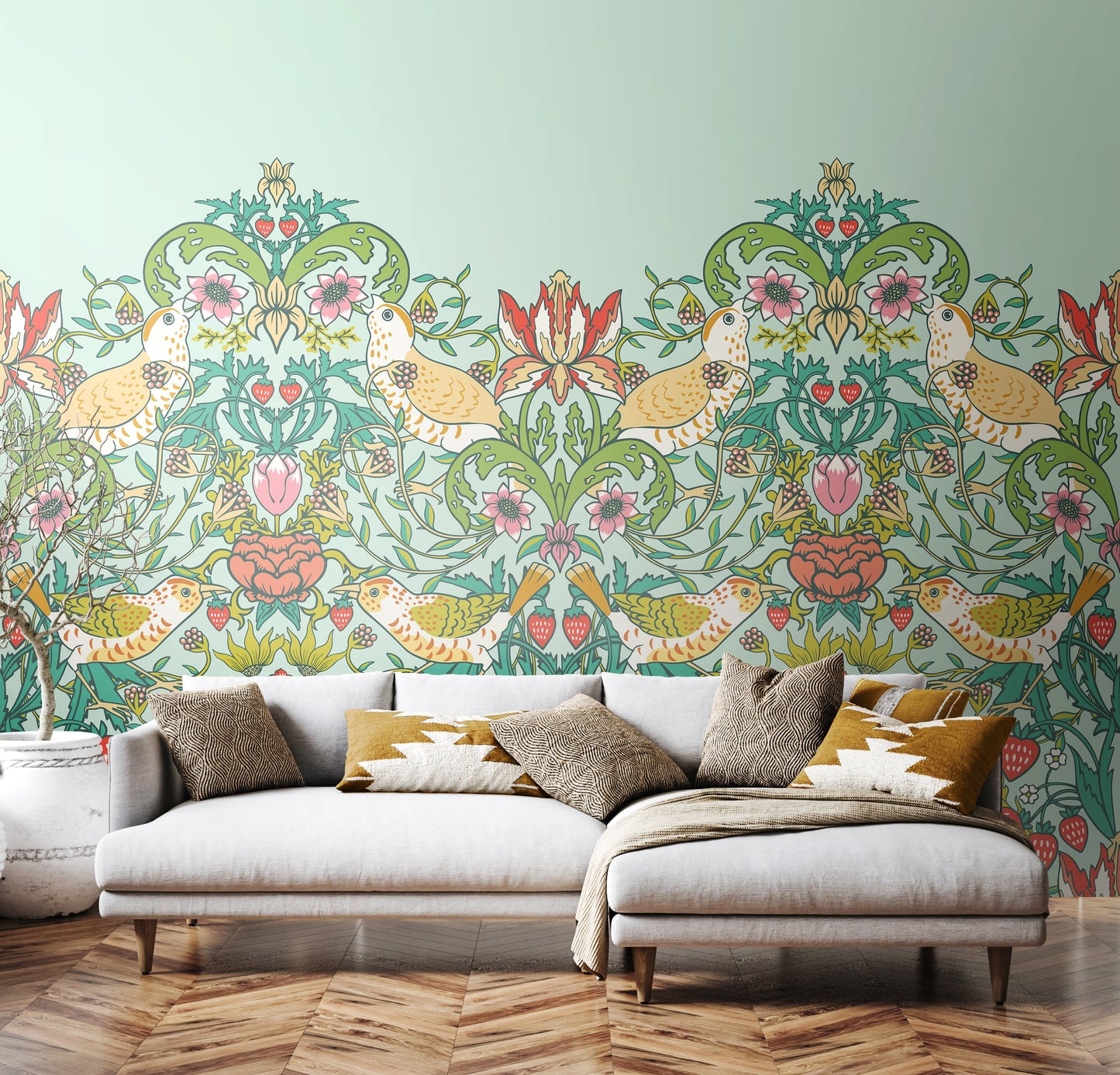 Origin Murals Birds Fruit And Foliage Duck Egg 300cm X 240cm